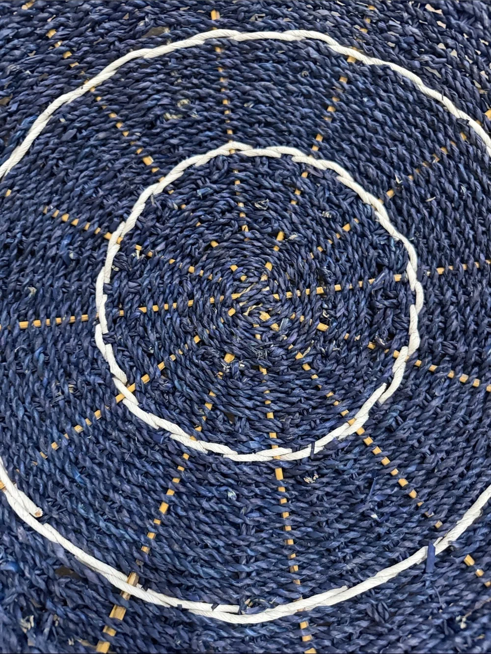 Handwoven Navy and White Round Seagrass Accent Wall Hanging.